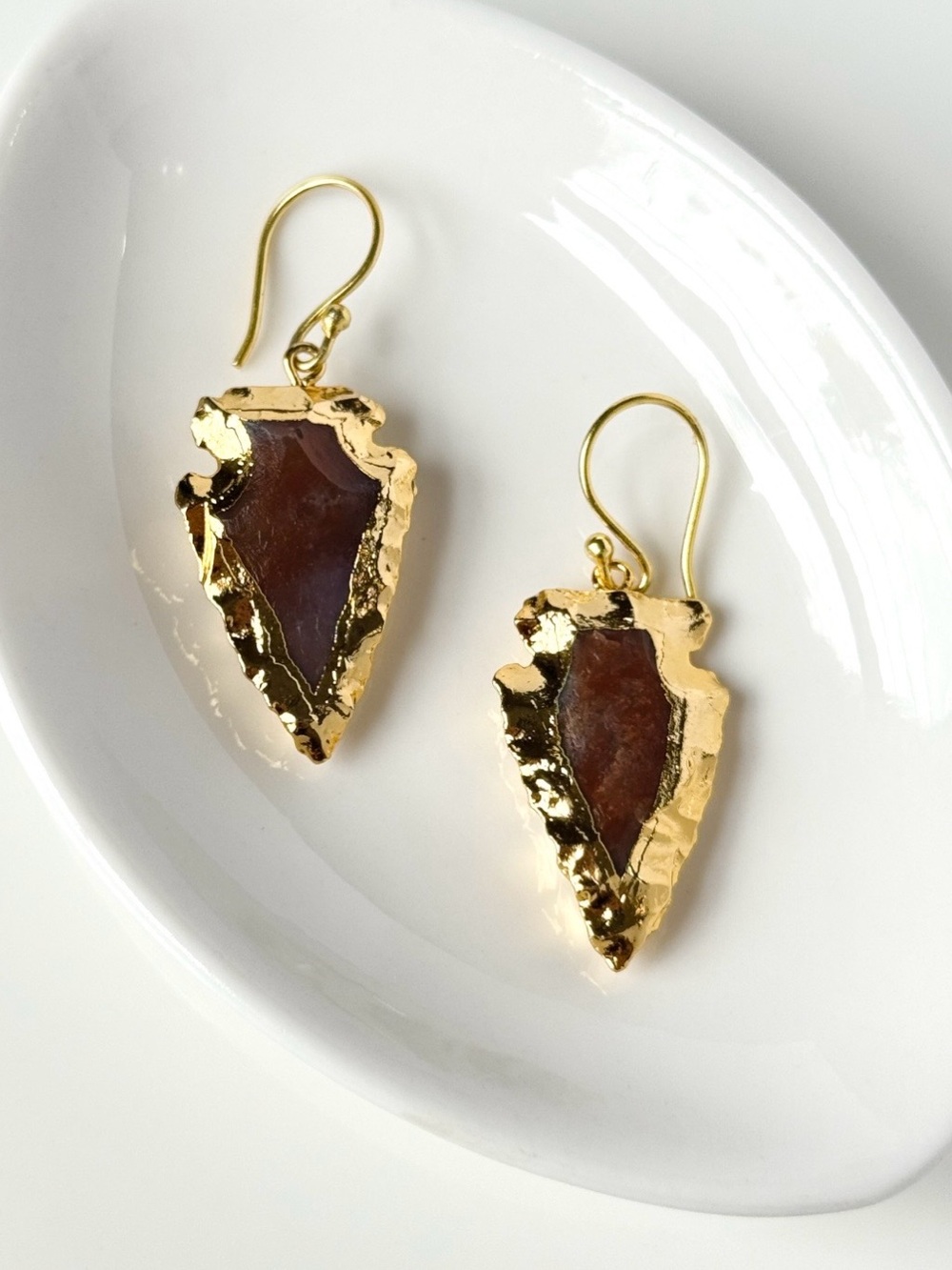 18k Gold Plated Agate Arrowhead Dangle Hook Statement Earrings